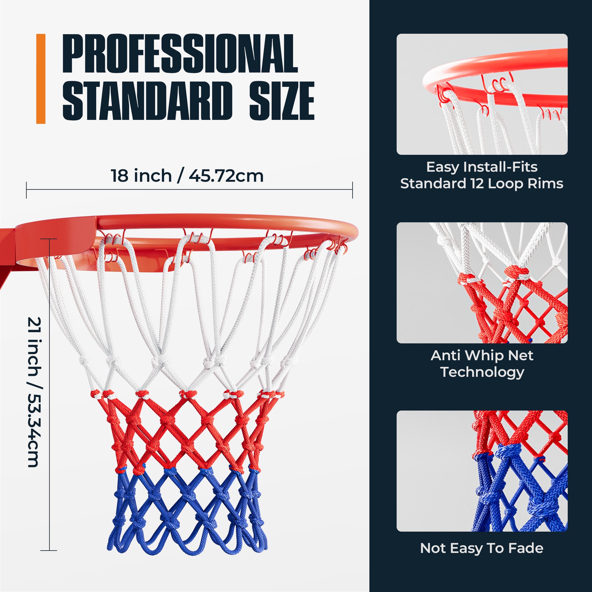 2PCS Heavy-Duty Basketball Net Replacement, 2x150g Professional Net for Standard Rim, Durable Weather-Resistant & Colorfast for Adults, Teens, Driveway, Backyard, Netball Hoop, 12 Loops