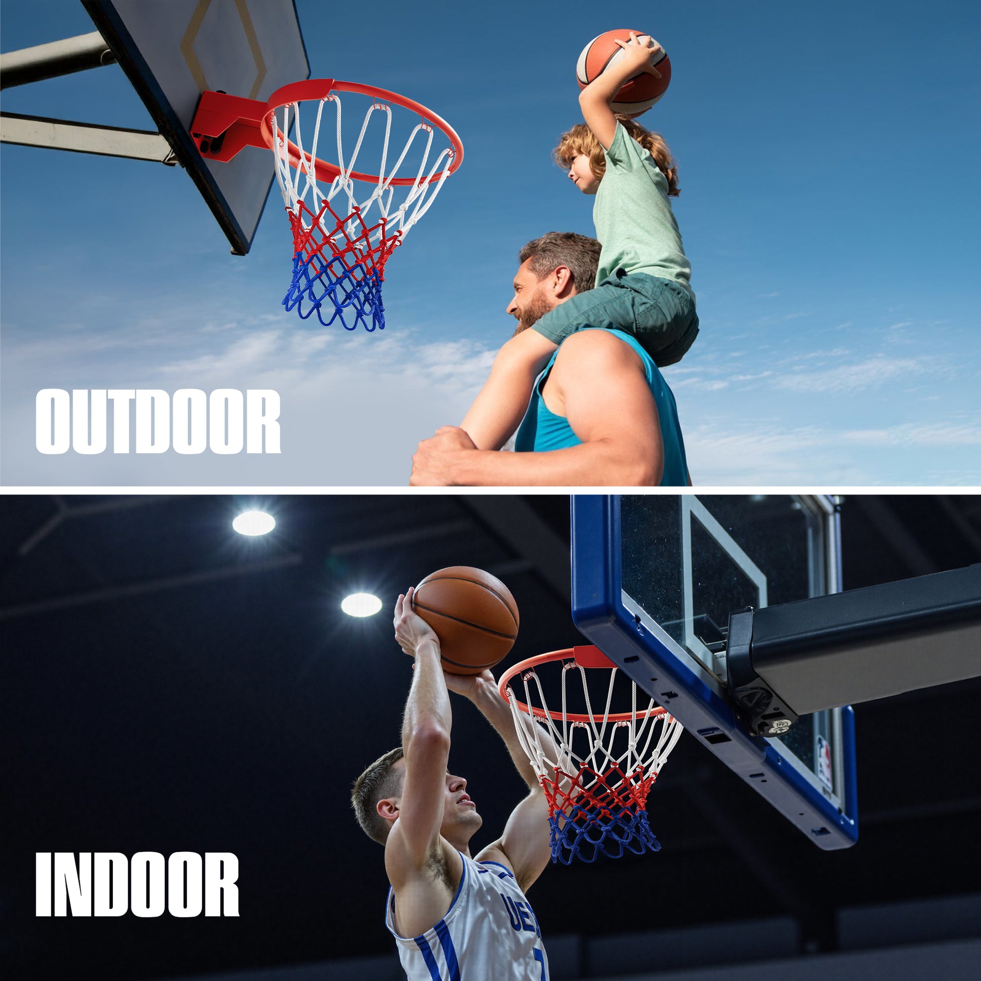 2PCS Heavy-Duty Basketball Net Replacement, 2x150g Professional Net for Standard Rim, Durable Weather-Resistant & Colorfast for Adults, Teens, Driveway, Backyard, Netball Hoop, 12 Loops